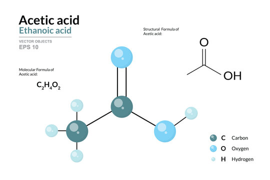 Acetic Acid. Ethanoic Acid. Vinegar. Structural Chemical Formula and 3d Model of Molecule. C2H4O2. Atoms with Color Coding. Vector Graphic Illustration for Educational Materials, Scientific Articles