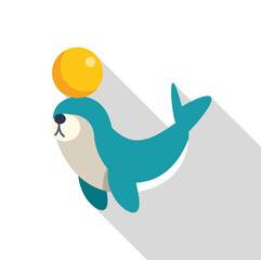 Cartoon circus seal balancing yellow ball on its nose, performing trick