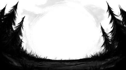 Obraz premium a black and white painting of a forest with a full moon in the background, surrounded by trees and grass