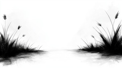 Fototapeta premium a black and white painting of reeds in the water, with a white background The reeds are depicted in a realistic style, with intricate details and shading that give