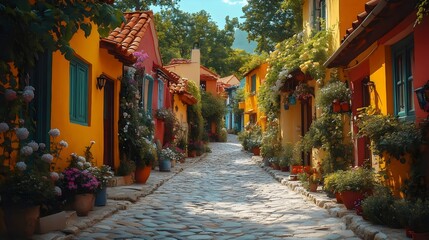 Fototapeta premium A narrow street with houses on either side and a lot of flowers in pots