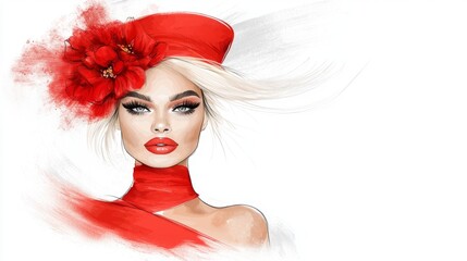  a beautiful woman wearing a red dress and a red hat adorned with flowers The background is a pristine white, creating a stunning contrast with the vibrant red of t