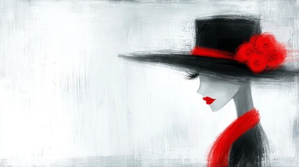  a painting of a woman wearing a black hat with red roses adorning it, set against a white background