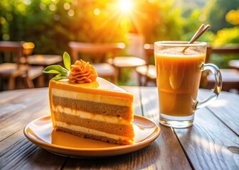 A delicious orange layer cake and rich mocha iced coffee beckon from a sun-drenched outdoor café setting.