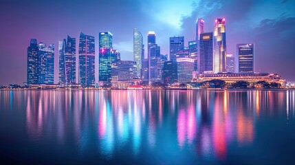 Obraz premium futuristic city skyline with neon lights, modern city skyline with vibrant reflections, urban city skyline with colorful illumination
