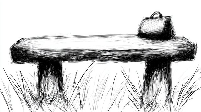  a black and white sketch of a bench with a bag on top of it, situated in a grassy area