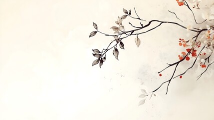 Watercolor Painting of a Branch with Leaves and Berries