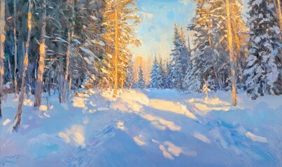 Obraz premium The sun shines through the tall trees in winter, illuminating snow-covered paths and creating an enchanting atmosphere. 