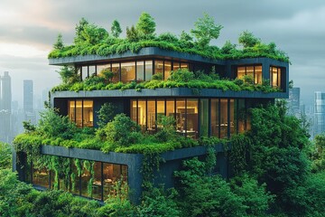 Modern building featuring lush greenery and urban skyline view on a cloudy evening