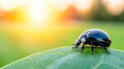  a black beetle perched atop a green leaf, with a blurred background