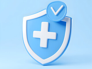 Fototapeta premium Icono de escudo 3D con cruz médica y verificación de seguridad representando la protección sanitaria