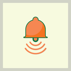 Stylized notification bell icon with sound waves in orange and green colors against cream backdrop