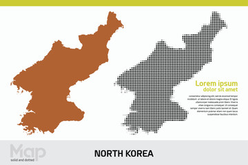 Fototapeta premium A map of North Korea in dual designs, featuring brown solid details and black abstract dotted patterns, isolated on a white background 