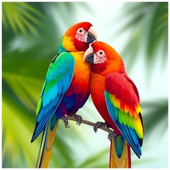 Obraz premium Colorful macaws in love on tree branch. Loyalty, affection, Partnerships, Long-term relationships, Caring for a partner, Ornithology, zoo, wildlife, Biology, Nature conservation, Infographics,