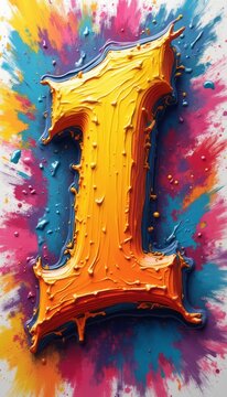 A striking number one, crafted from thick, textured paint, stands out against a dynamic backdrop of vivid splashes in blue, pink, and yellow. This eye-catching design radiates energy and creativity