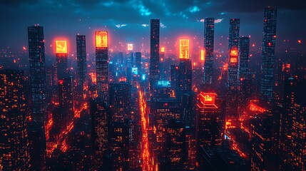 Fototapeta premium Futuristic cityscape at night with glowing skyscrapers and streets.