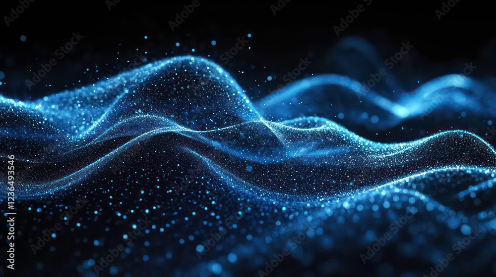 Poster abstract blue glowing particle wave background.