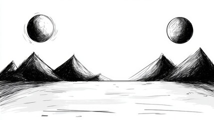  a black and white drawing of a mountain range with two planets in the sky, set against a white background