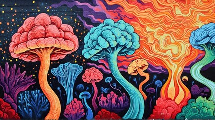 Vibrant Abstract Mural of Colorful Fungi and Surreal Landscape
