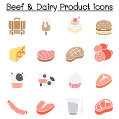 Beef and Dairy Products icon set in flat color style