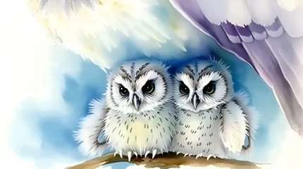 Watercolor owls cuddling on branch. Caring for offspring, mother's love, symbol of love, Ornithology, zoo, wildlife, Biology, Nature conservation, Infographics,