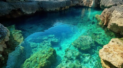 A crystal-clear pool of water along the rocky coastline, with clear blue and green waters surrounded by rocks covered in coral. 
