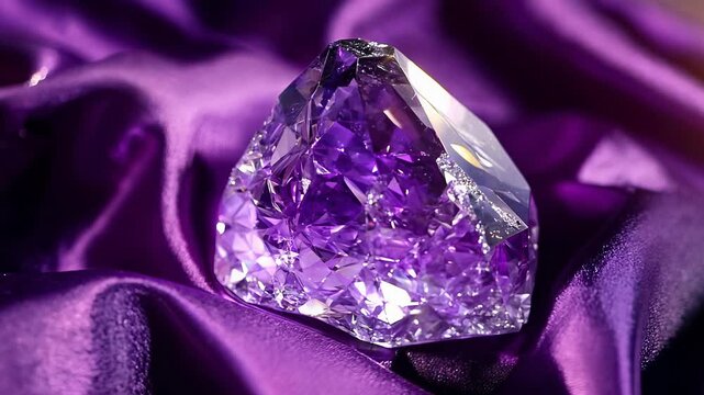 Close-up view of a large, faceted amethyst gemstone resting on rich purple satin.  The stone displays deep violet hues and crystalline structure