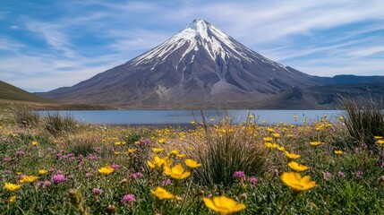 Scenic View of Snow-Capped Mountain with Vibrant Wildflowers