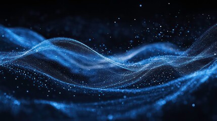 Abstract blue particle wave flowing in dark background.