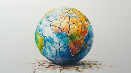 watercolor globe with cracks symbolizes environmental issues and climate change, Global Warming and Climate Crisis Themed