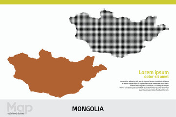 Obraz premium A map of Mongolia in dual designs, featuring brown solid details and black abstract dotted patterns, isolated on a white background 