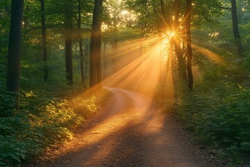 Fototapeta premium A scene depicting a dense forest shrouded in morning mist, with sunlight filtering through the trees, creating a mystical and serene atmosphere.