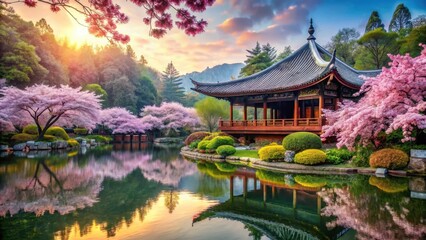 Fototapeta premium A serene Chinese temple amidst a vibrant floral garden with blooming cherry blossoms and peaceful water features, surrounded by towering trees and lush greenery , temple, flowers