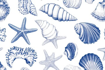 A seamless pattern of hand drawn blue line art seashells, starfish and corals on a white background