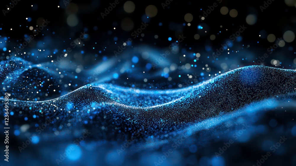 Poster abstract blue particle wave background.