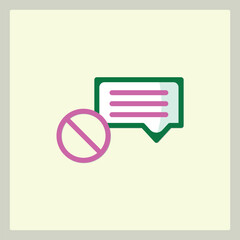 Chat bubble with horizontal lines crossed out by a pink prohibited sign icon