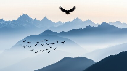 Fototapeta premium Majestic Eagle Soaring Above Misty Mountains at Sunrise