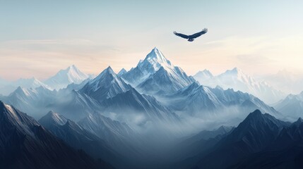 Fototapeta premium Majestic Eagle Soaring Above Serene Mountain Landscape at Sunrise