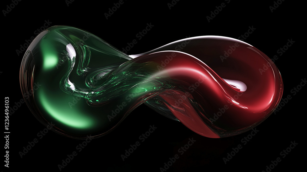 Aufkleber a 3d digital representation of fluid shapes in emerald green and carmine red, blending seamlessly in