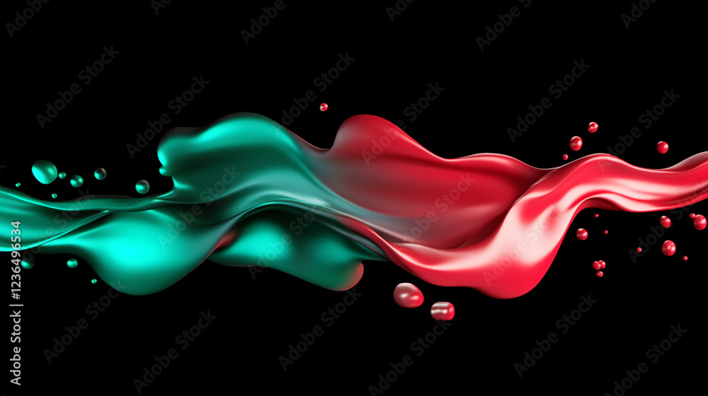 Poster 3d digital rendering of fluid waves in emerald green and carmine red, symbolizing movement, fluidity