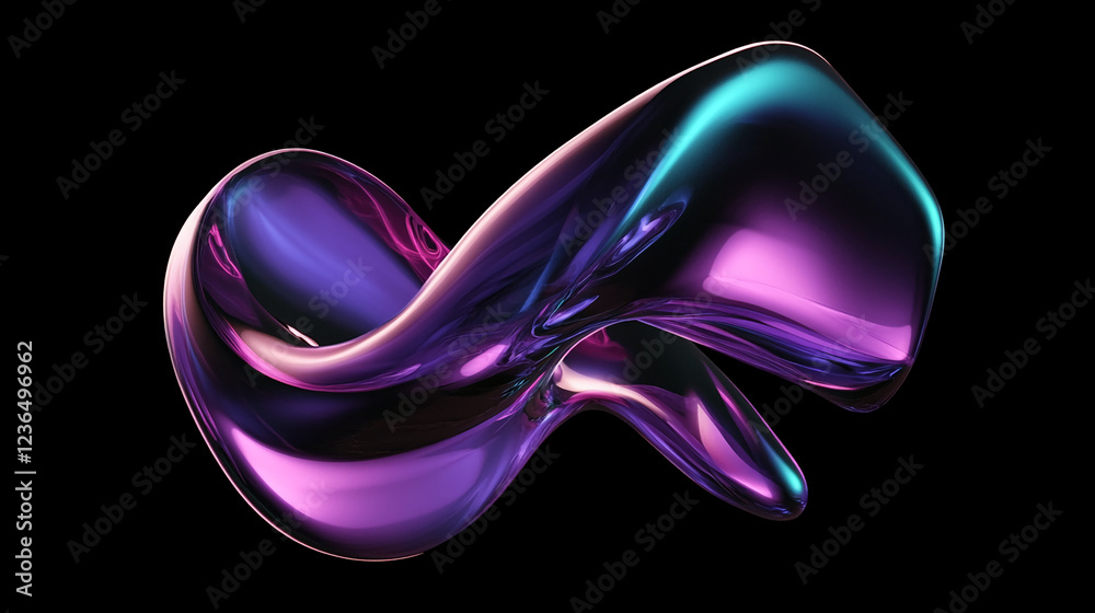 Poster 3d digital fluid shape in purple and green hues, symbolizing dynamic motion and energy. the design i