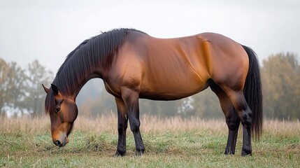 Obraz premium Majestic Brown Horse Grazing on Green Grass in Serene Pasture