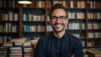 A cheerful bookstore owner in a well-stocked bookshop, confidently standing among shelves filled with books. Ideal for concepts of education, small business, and retail success.