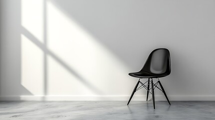 A_minimalist_black_table_against_a_white_wall with a chair.
