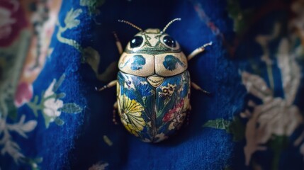 An intricately designed beetle adorned with vibrant floral patterns sitting against a blue backdrop, exemplifying the beauty of nature and artistry blended together.
