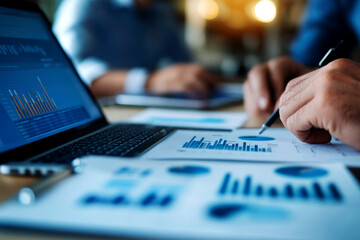 Strategic business meeting modern office interior visual data analysis collaborative workspace overhead perspective productivity insights