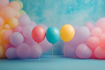 A vibrant scene featuring three balloons in pastel colors (blue, pink, and yellow) against a soft,...