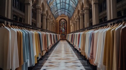 Elegant Display of Colorful Garments in Historic Hallway