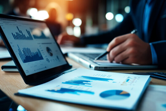 Detailed business analysis in a modern office interior desk environment close-up viewpoint of charts and reports