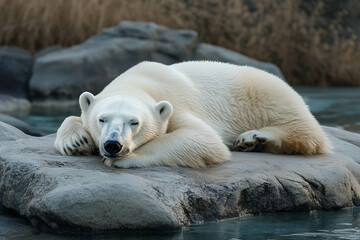 A peaceful polar bear resting on a rocky surface near water, surrounded by natural scenery. The bear has a thick white coat and is lying comfortably with its eyes closed.